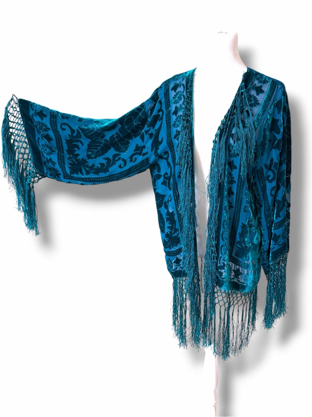 Maya Boutique Turquoise Teal Silk Burnout Velvet Kimono MSRP $400 - Picture 10 of 16